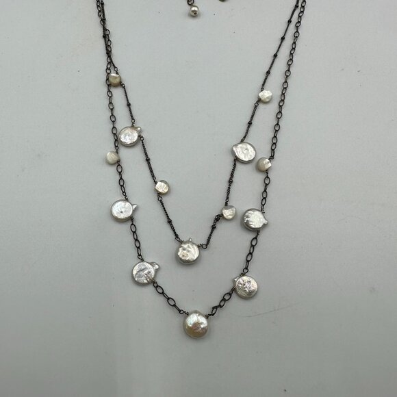 Athena Designs Coin Pearl Necklace Sterling Silver Freshwater Layered 18 Inch - Picture 3 of 12